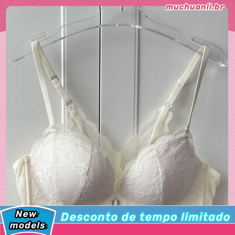 Novo estilo de renda francesa com fivela frontal, roupa íntima feminina com seios pequenos, aparência grande, sem anel d