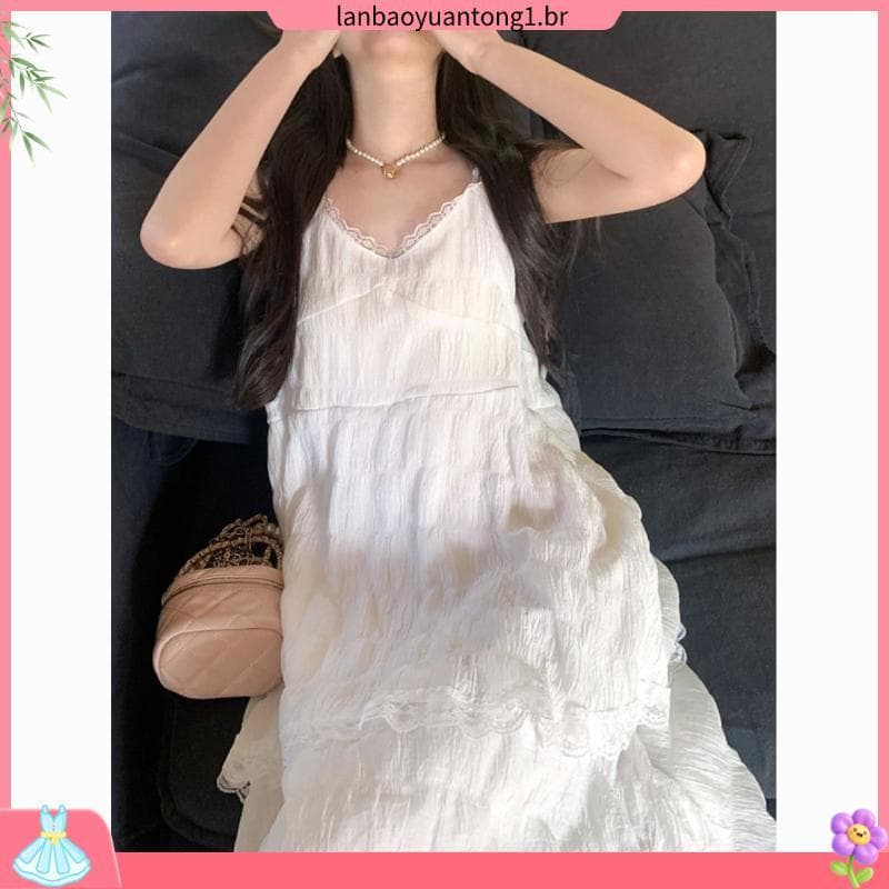 2025 novo estilo branco pequeno francês estilingue vestido feminino verão chá Break Bellflower pequena saia de bolo fino