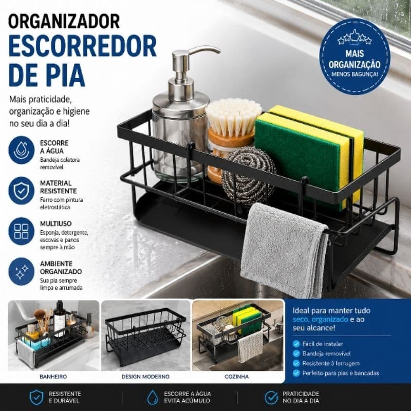 Organizador de Pia Cozinha Escorredor Porta Esponja Detergente Com Bandeja Coletora Organizador Banheiro