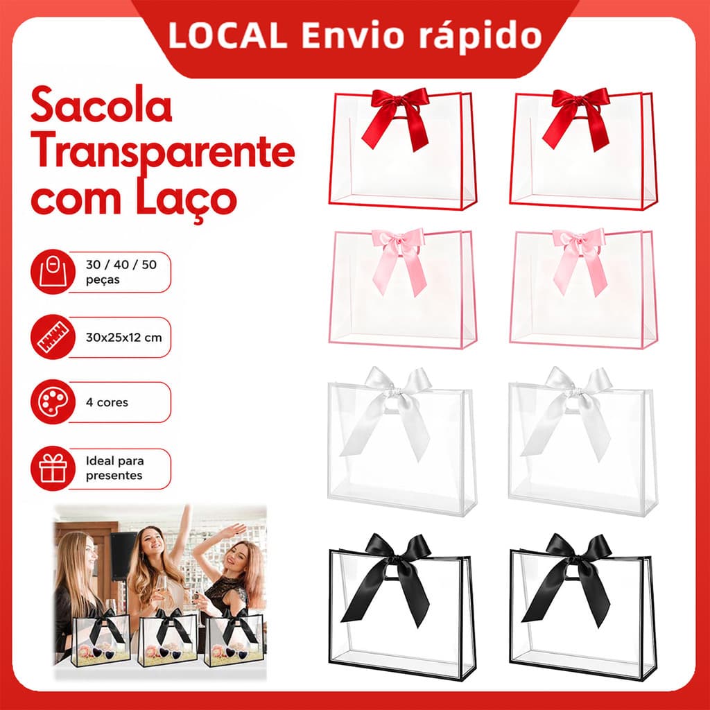30/40/50 Peças Sacolas para Lembrancinhas 30x25x12cm com Fita 24m, Transparentes em 4 Cores