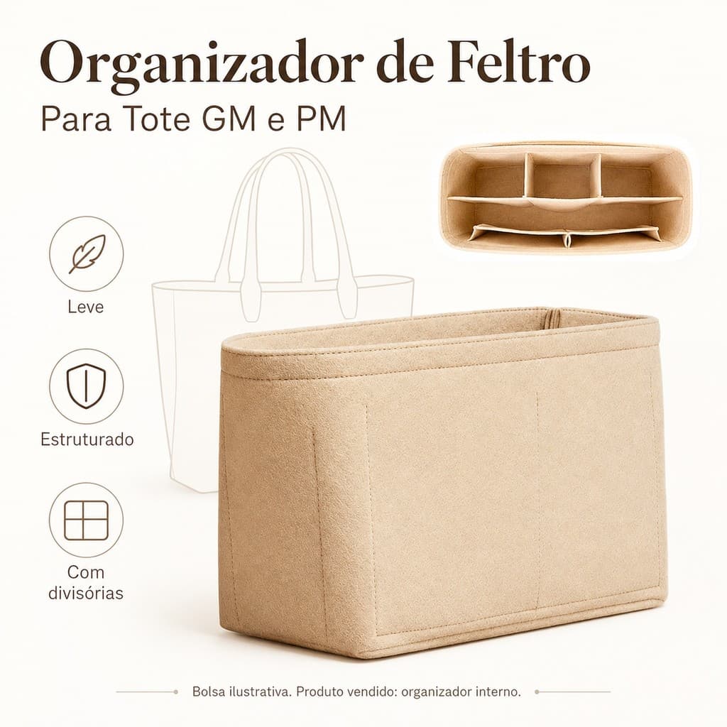 Organizador Interno de Feltro para Bolsas GM, PM e Mini Tote, Inserção Modeladora com Divisórias para Cosméticos e Viage