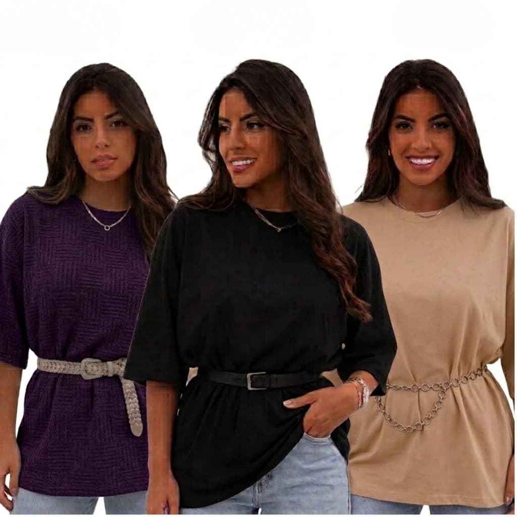 Kit 3 Camiseta Básica Lisa Feminina 100% Algodão T-shirt Leve Longa Oversized Luxo