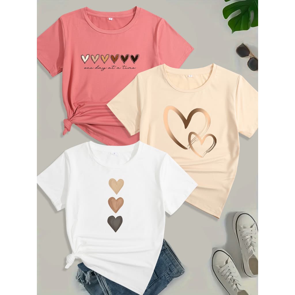 Conjunto de 3 T-shirts com Estampado Gráfico, Top Casual de Manga Curta e Gola Redonda para Verão e Primavera