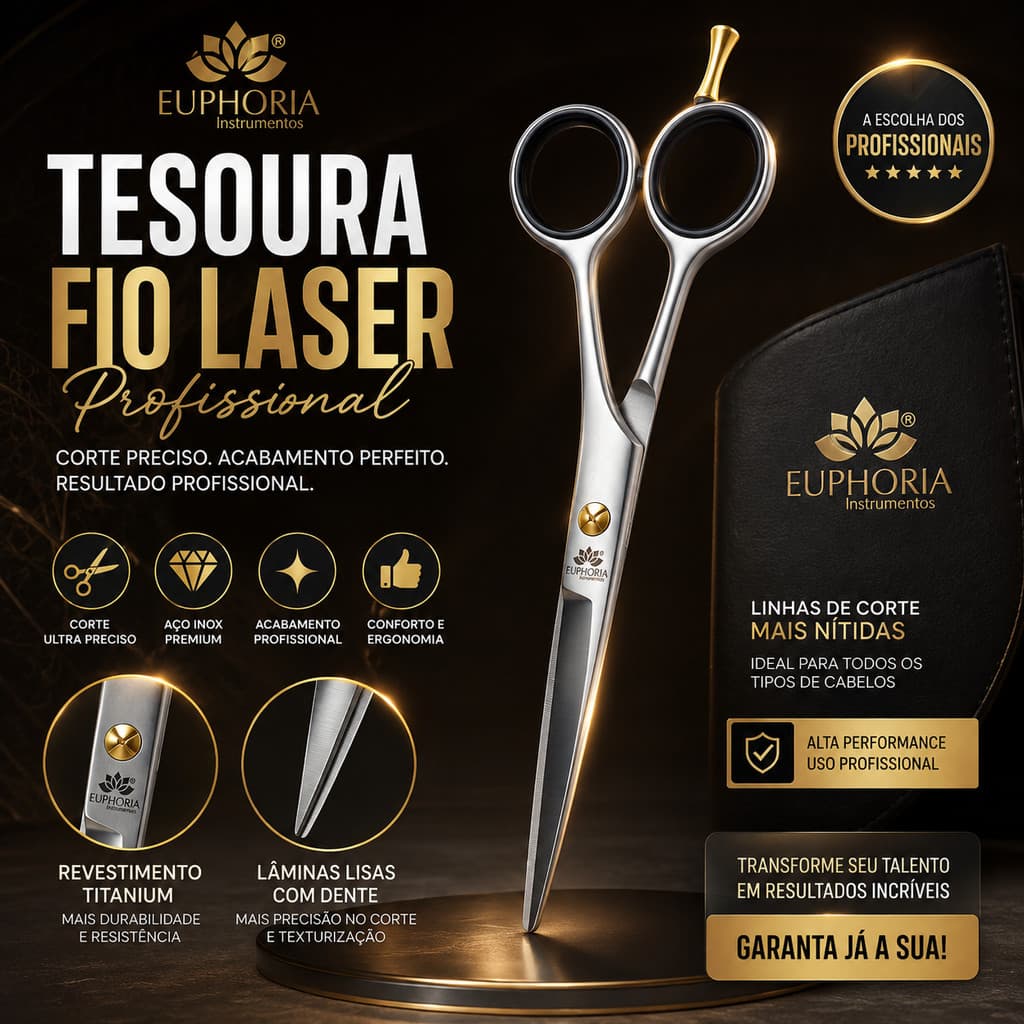 Tesoura Fio Laser Profissional 7" Aço Inox Titanium Para Corte e Texturização de Cabelos