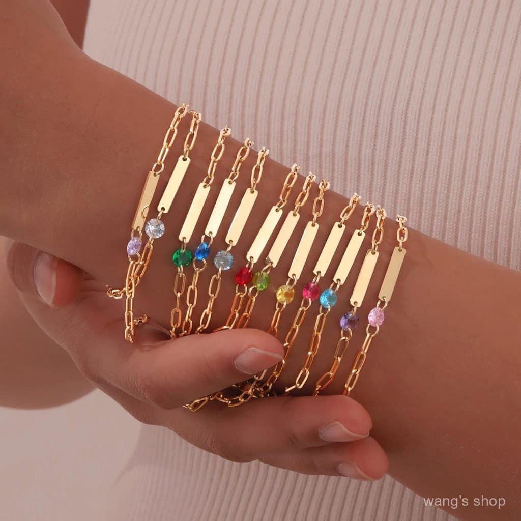 Joias Huanmu, Pulseira Feminina de Aço Inoxidável com 12 Pedras de Nascimento, Corrente Quadrada Pequena, Pingente Retan