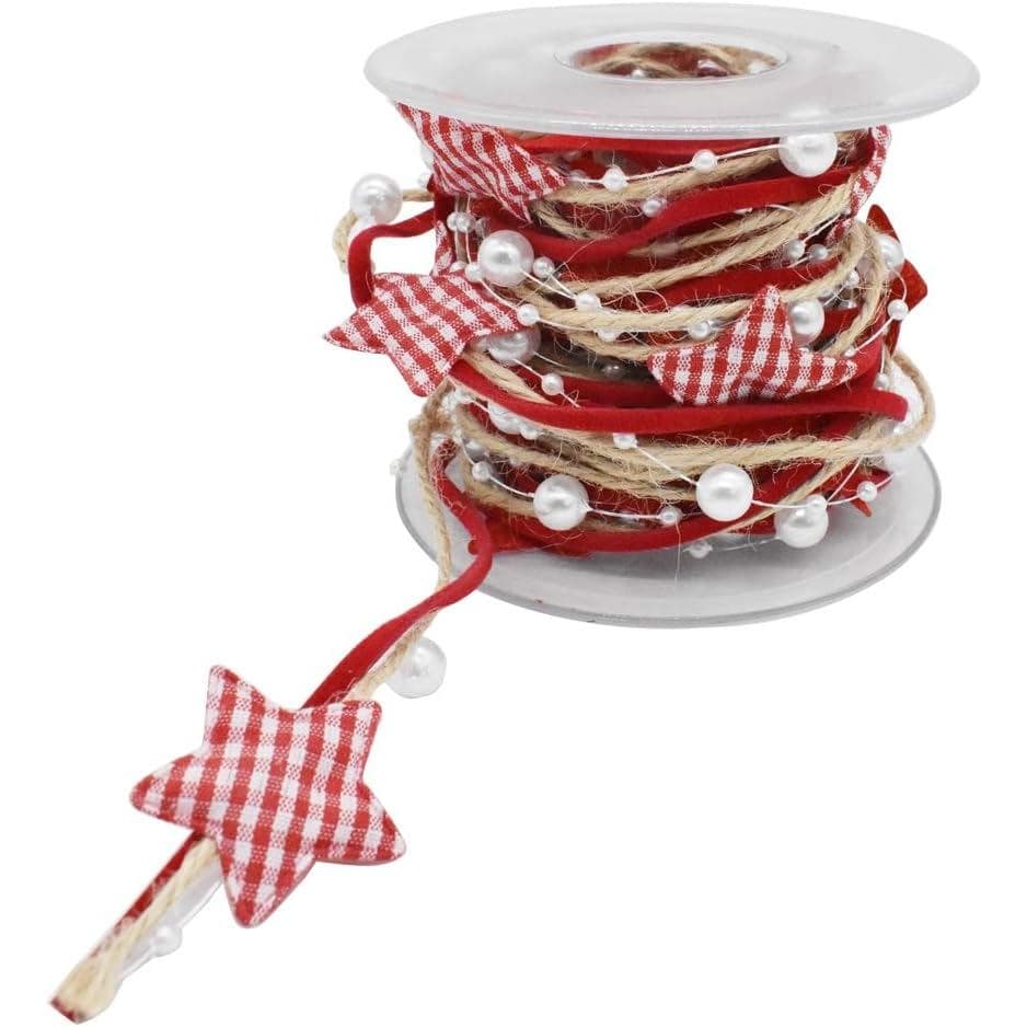 Fita de Pérolas de 5M / 16,4 pés para Envolvimento de Presentes de Natal com Decoração de Juta, Fita de Natal Vermelha X