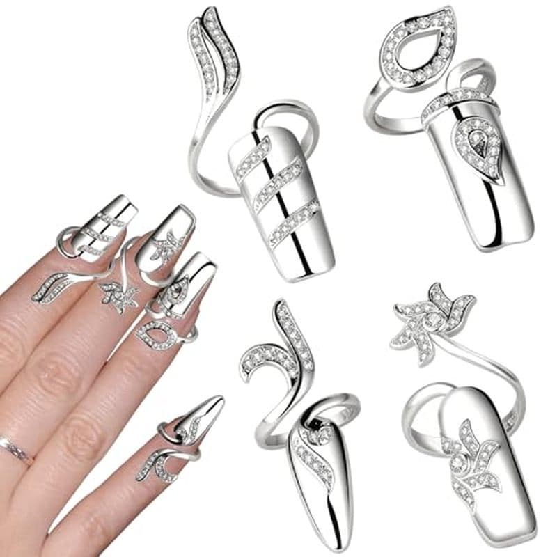 4 Pçs Strass De Prata Feminino Dedo Anéis De Unhas Metal Ponta Do Proteção Abertura Capa Anel Arte Encantos Acessórios