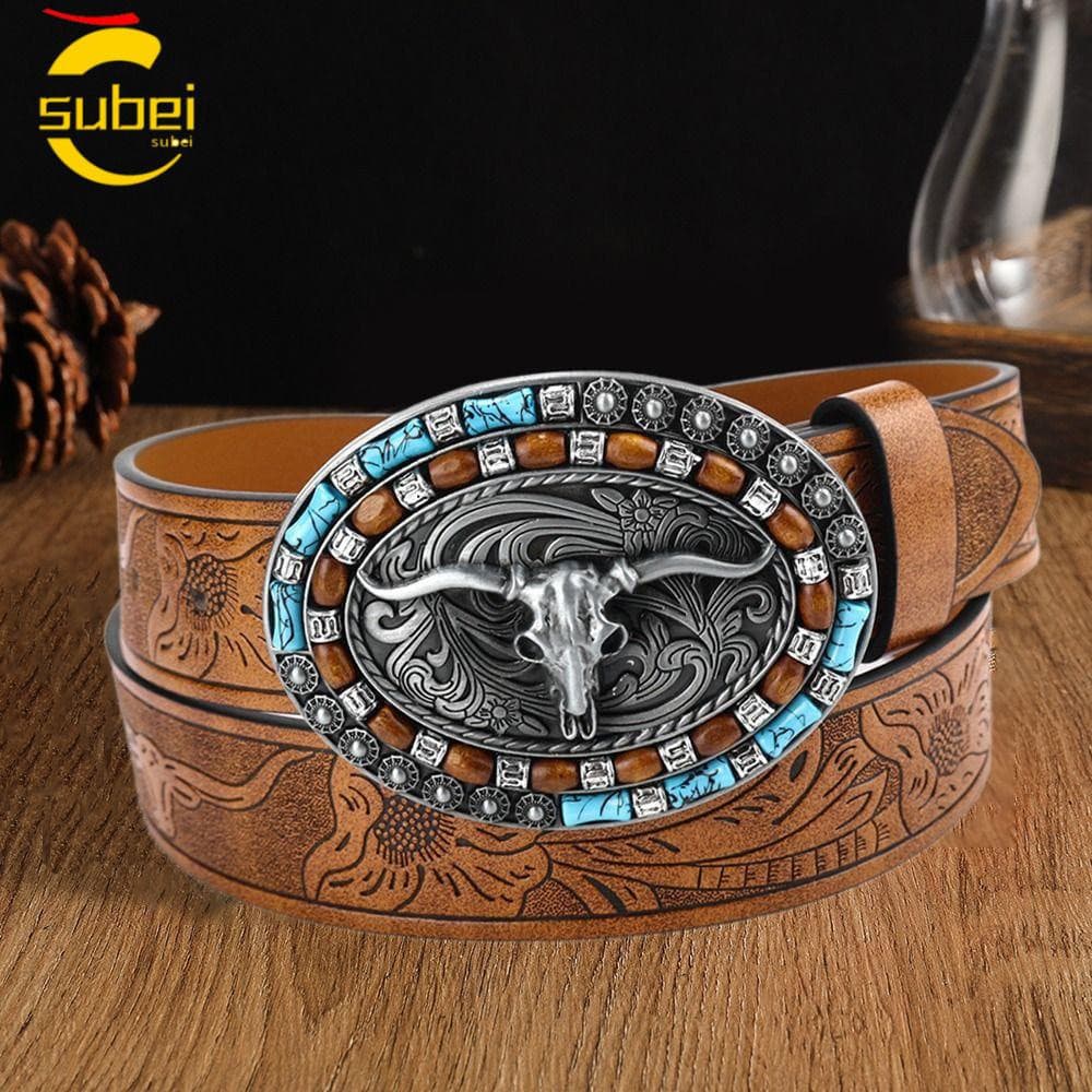SUBEI Cinto Fivela De , De Cowboy Ocidental Padrão De Touro Couro Vintage PU Fashion Mens