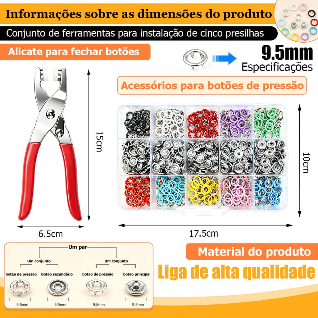 Kit 200 Botões Pressão Metal Alicate Aplicador Costura Artesanato Roupas Acessórios