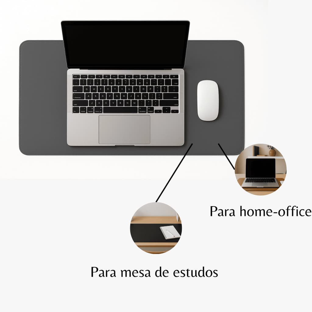 Desk Pad Grande Couro Cinza Feltro Costurado Básico