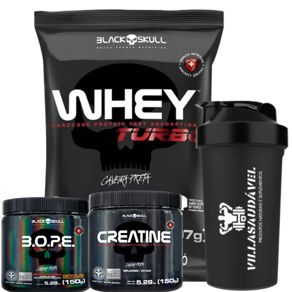Kit Black Skull Whey Turbo + PréTreino Bope + CreaPura 150g + Coq
