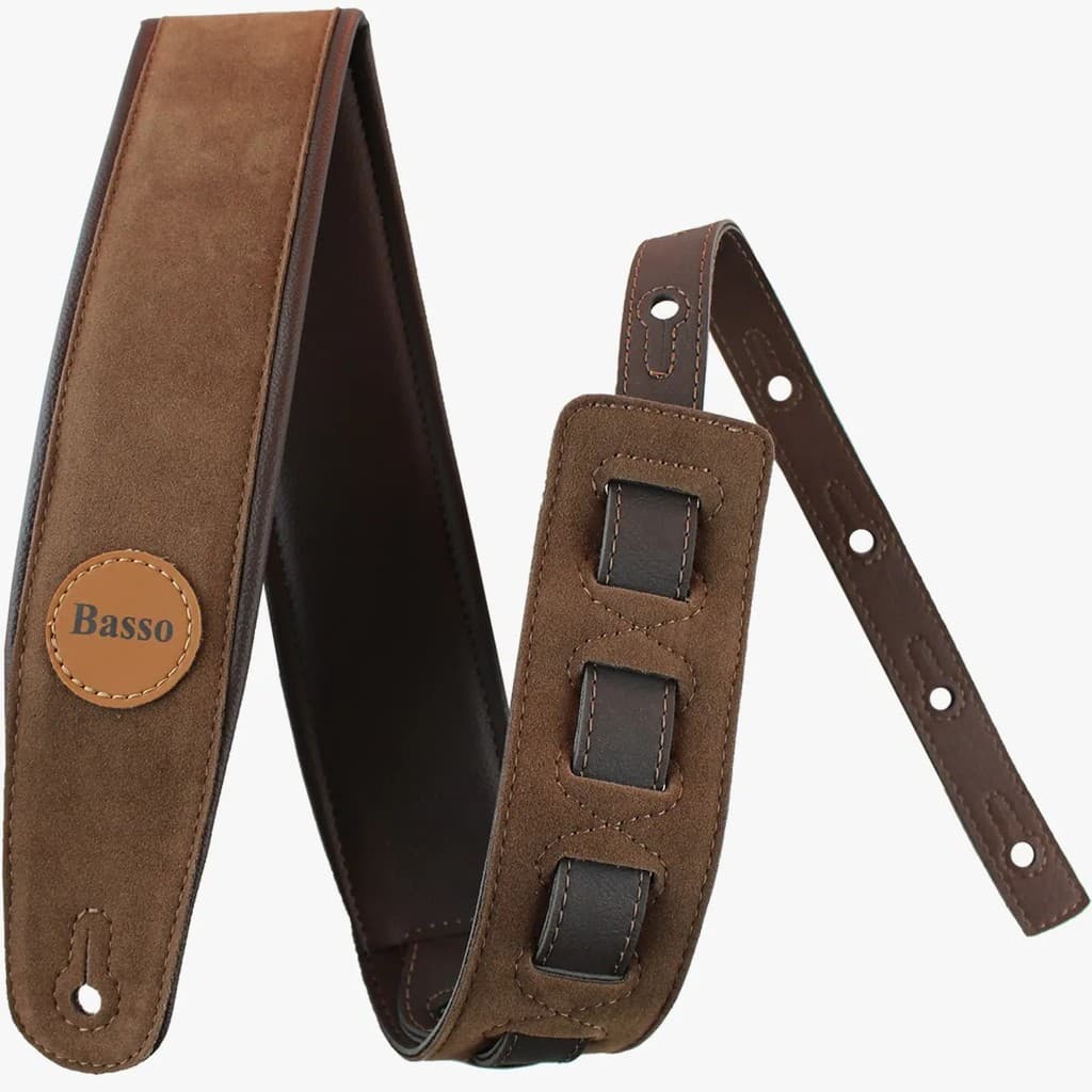 Correia Alça Guitarra Violão Baixo Basso Sintético Suede Marrom Ajustável Ponteira Reforçada CLA 04