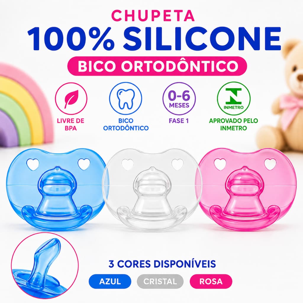 Chupeta Bico Ortodôntico100% Silicone Fase 1 De 0 a 6 Meses Livre de BPA Azul Rosa Cristal