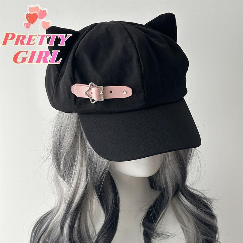 [Linda ggirl] Boina Feminina Com Orelhas De Gato Harajuku Gótica Lolita Y2K Para Meninas Steampunk Punk Zíper Feito À Mã