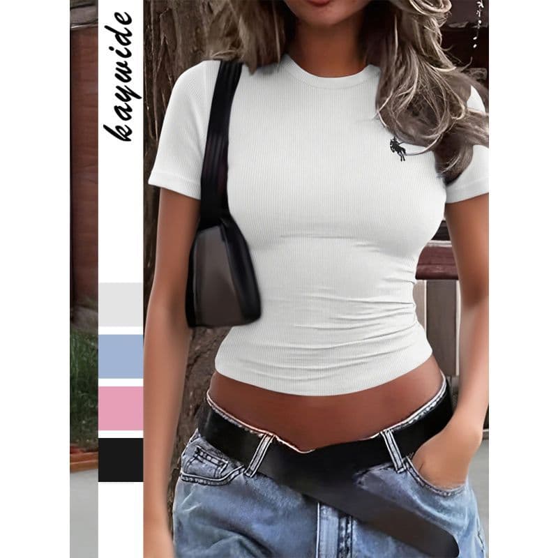 [Seckill por tempo limitado] Europeu americano quente menina manga curta cor sólida camisa de fundo camiseta roupas femi