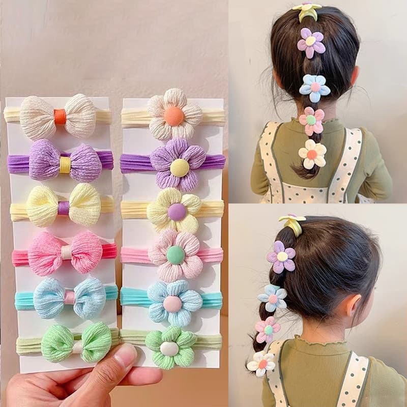 Conjunto de 6 faixas de cabelo infantis de alta elasticidade, faixa de cabelo floral, faixa de cabelo de tecido.