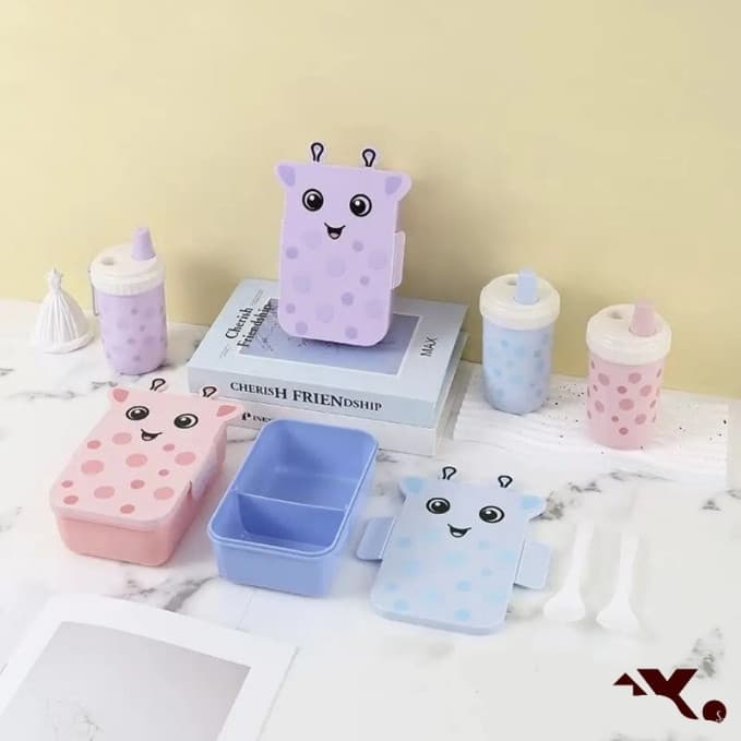 Kit Garrafa e Marmita Dois Espaços com Formato de Girafa Mais Talheres Inclusos