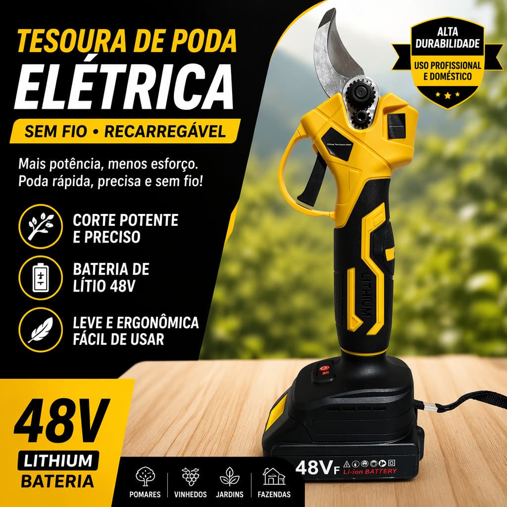 Tesoura de Poda Elétrica Sem Fio 48V Íon-Lítio, Kit com 2 Baterias, Carregador e Maleta