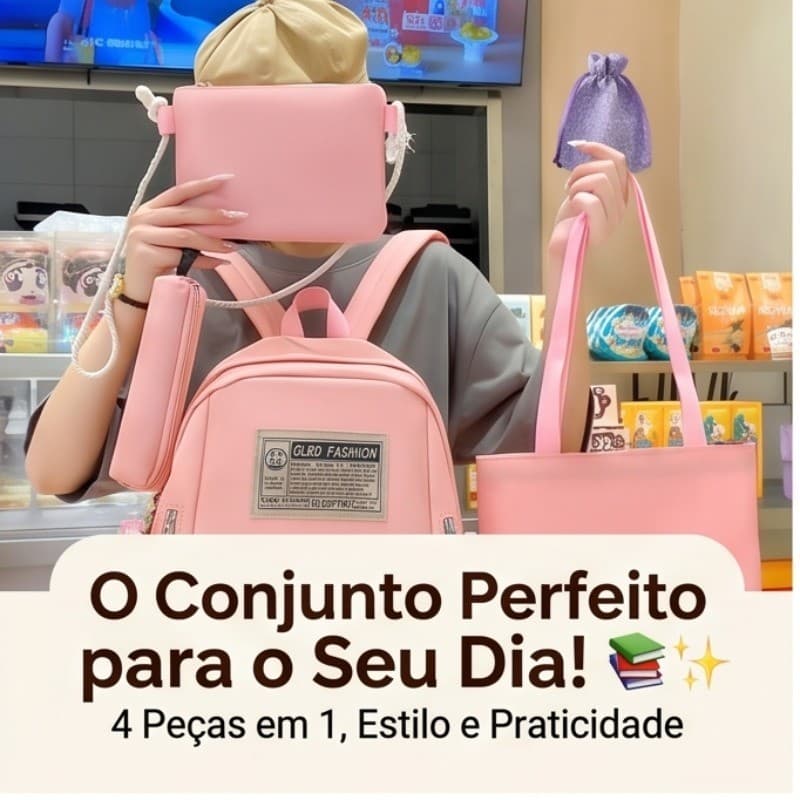 Kit Mochila Escolar 4 Peças Impermeável com Estojo e Bolsa Tote - Cor Pastel