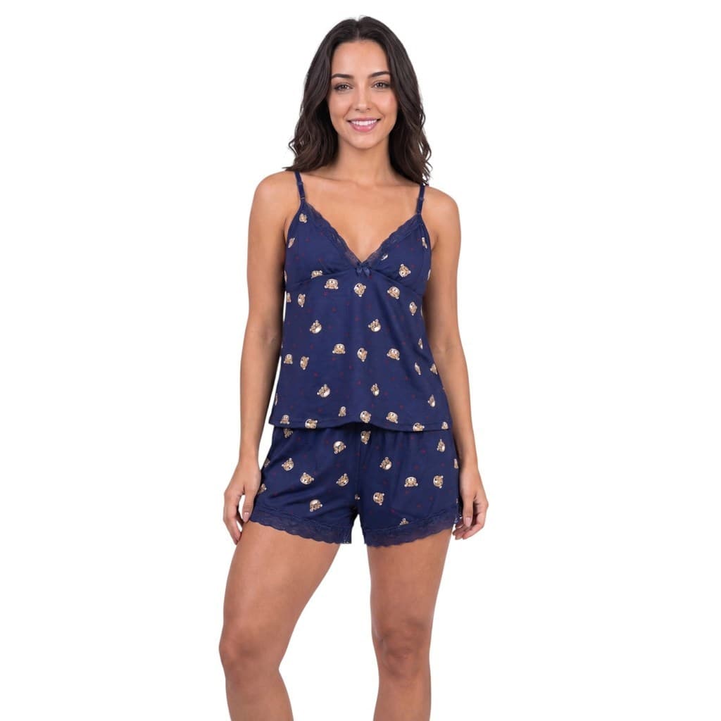 Short Doll Renda Suede Feminino Pijama Confortavel Alca Ajustavel Decote V G GG M Leve Macio Premium