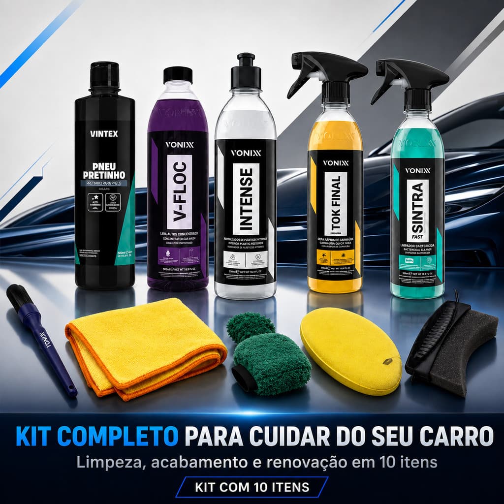 Kit Lavagem Automotiva Completo Vonixx 10 Itens Limpeza Interior Pintura Pneus Carro Moto Cuidado