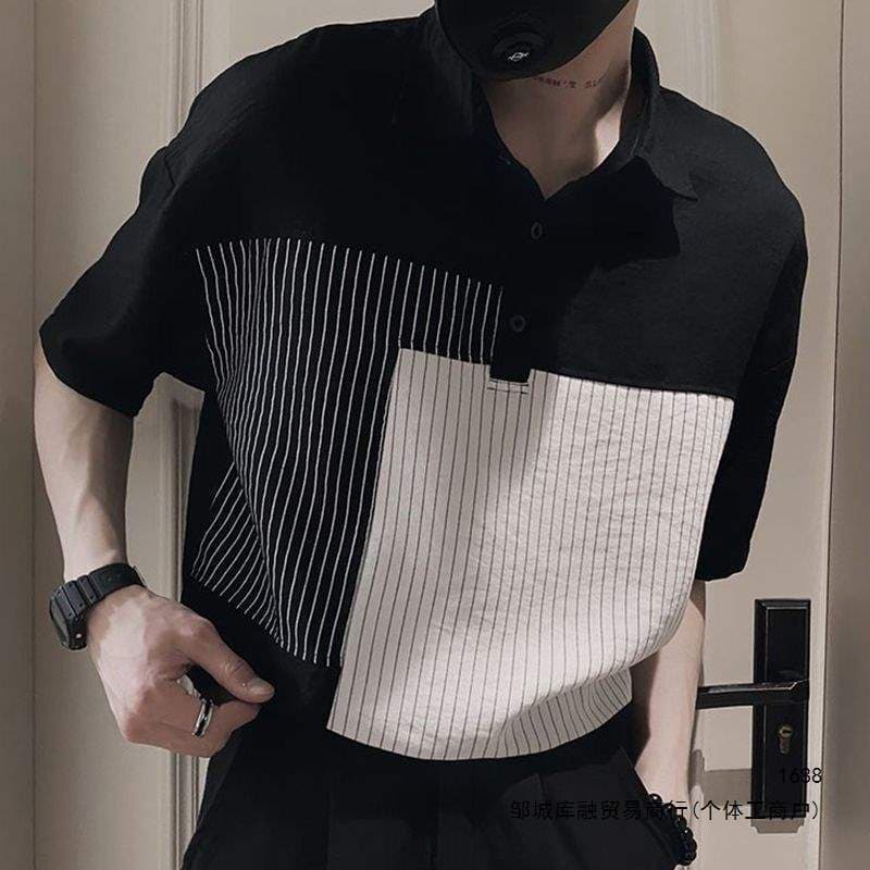 Camisa polo listrada de seda gelo novo estilo bonito camisa Casual verão estilo fino ins camisa masculina de manga curta