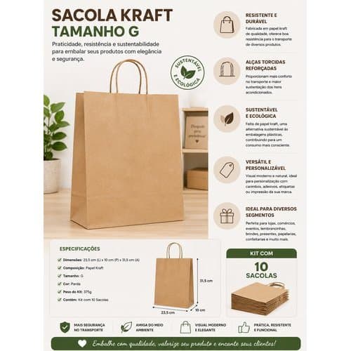 Kit 10 Sacola Kraft Grande Resistente Parda Embalagem Sustentavel Presente Loja