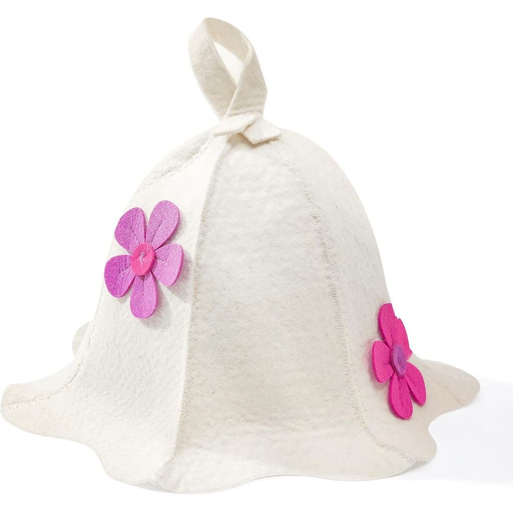 Chapéu de Sauna, Chapéu de Sauna de Lã Natural para Homens e Mulheres, Boné de Sauna Tradicional, Flores Brancas