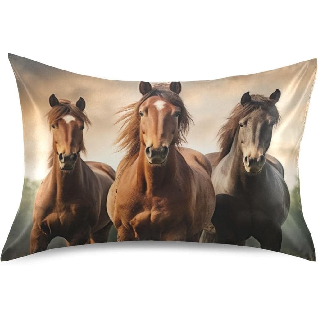 Fronha de Cetim Qilmy Three Horses Run para Cabelo e Pele com Fecho Envelope, Macia e Confortável, Resistente a Rugas e