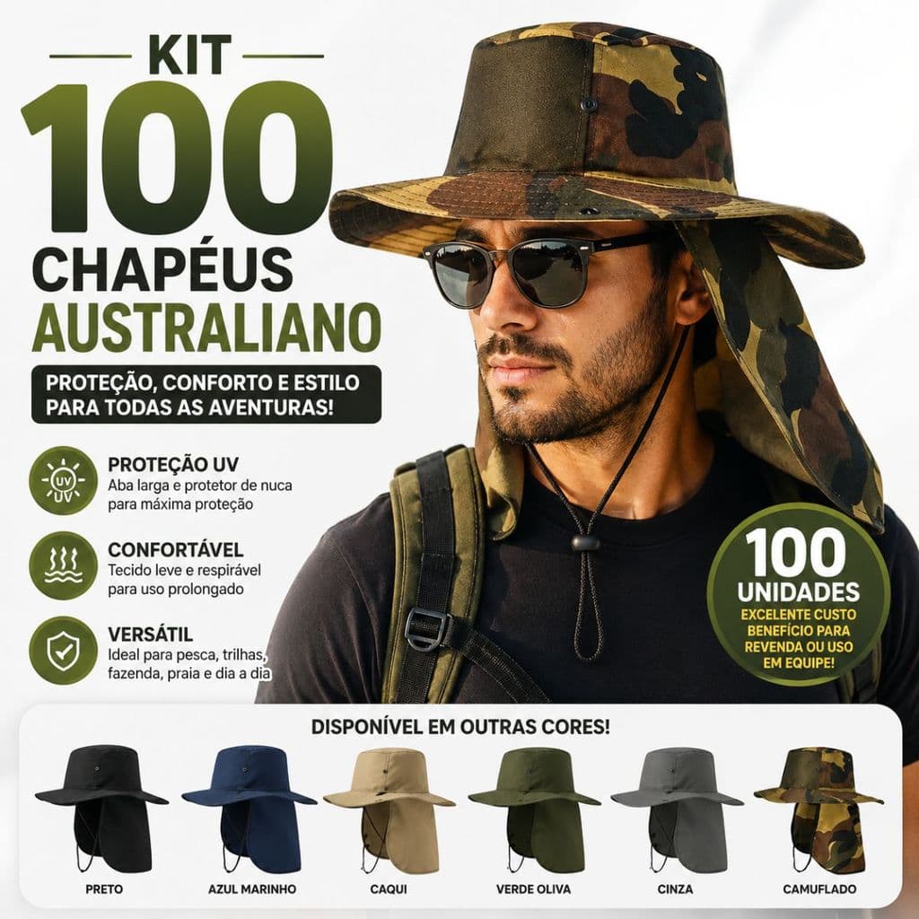 100 Chapéus Australianos para Atividades ao Ar Livre com Protetor de Pescoço