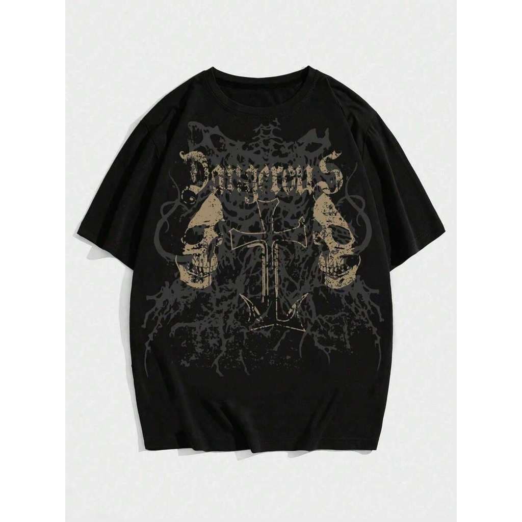 Camiseta Oversized Estampa Masculina Gótica Crânio Escuro e Cruz 100% Algodão - BT1113