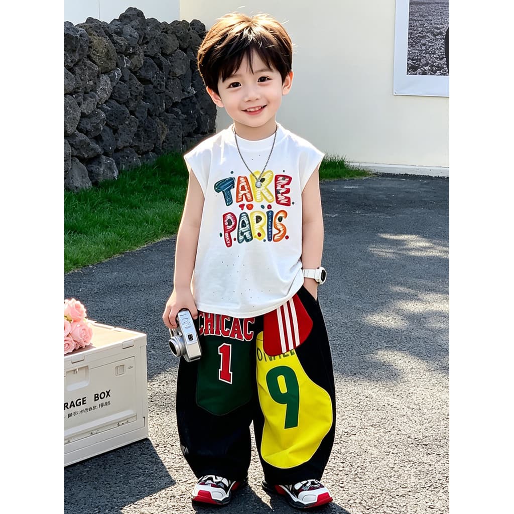 Meninos colete terno 2026 verão novo estilo crianças estilo fino influenciador sem mangas camiseta calças jeans roupas d