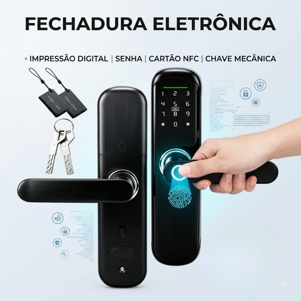 Fechadura Eletrônica Smart Door com Impressão Digital Biometria, Senha, Cartão NFC e Chave Mecânica
