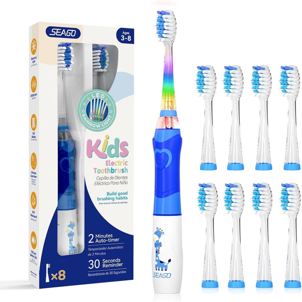 Escova de Dentes Elétrica Infantil SEAGO com Timer de Escovação de 2 Minutos e 8 Cabeças de Escova Substituíveis, Luz LE