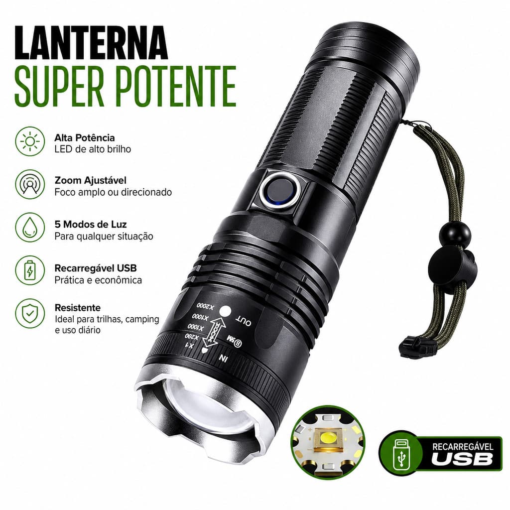Lanterna Super Potente USB Recarregável Zoom Ajustável 5 Modos  Camping Trilhas Ferramenta Iluminação Acessório