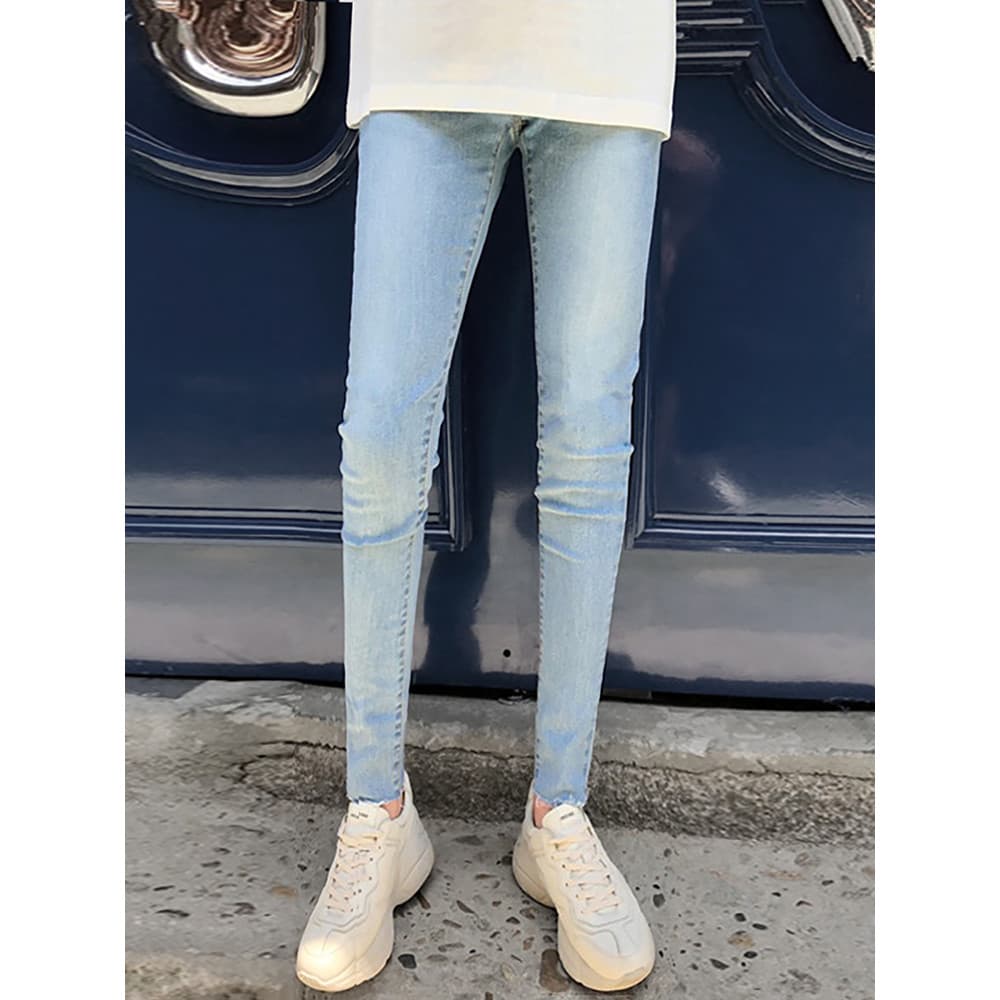 Calças masculinas de alta elasticidade azul claro meninos pequenas e frescas até o tornozelo, Jeans de 9 pontos da moda