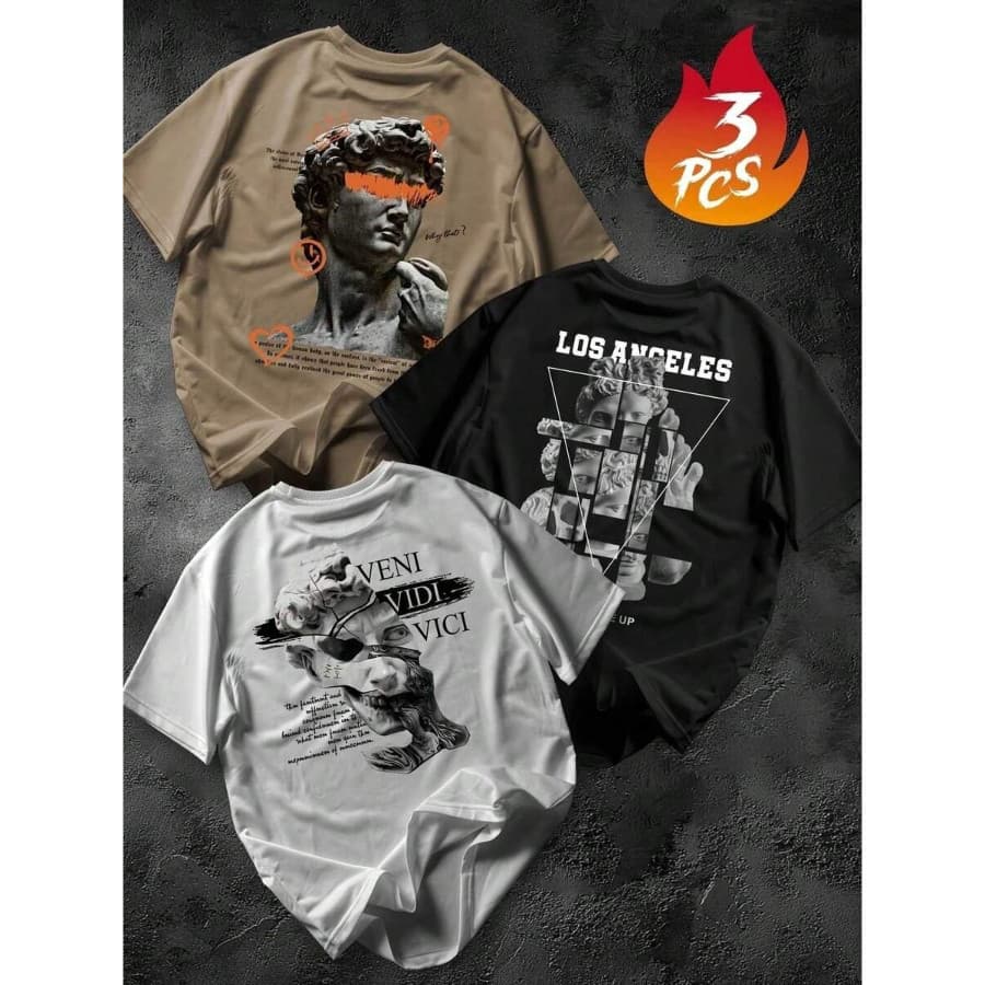 KIT 3 CAMISETA Masculina Algodão Adulto Plus Size Casual Streetwear Estatuas Swag Veni Vini Vici Michelangelo Over Moda