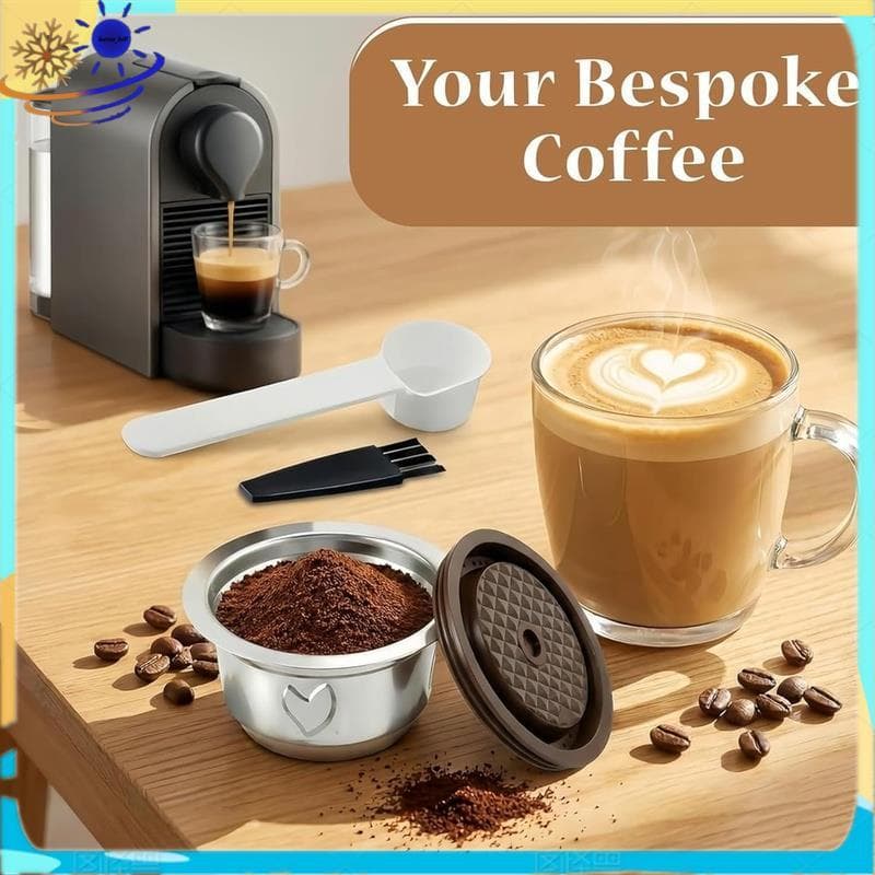 [Le's Shop] Kit De Cápsulas De Café Reutilizáveis-Cápsula De Aço Inoxidável De 230 Ml Com Tampa De Silicone , Colher E E