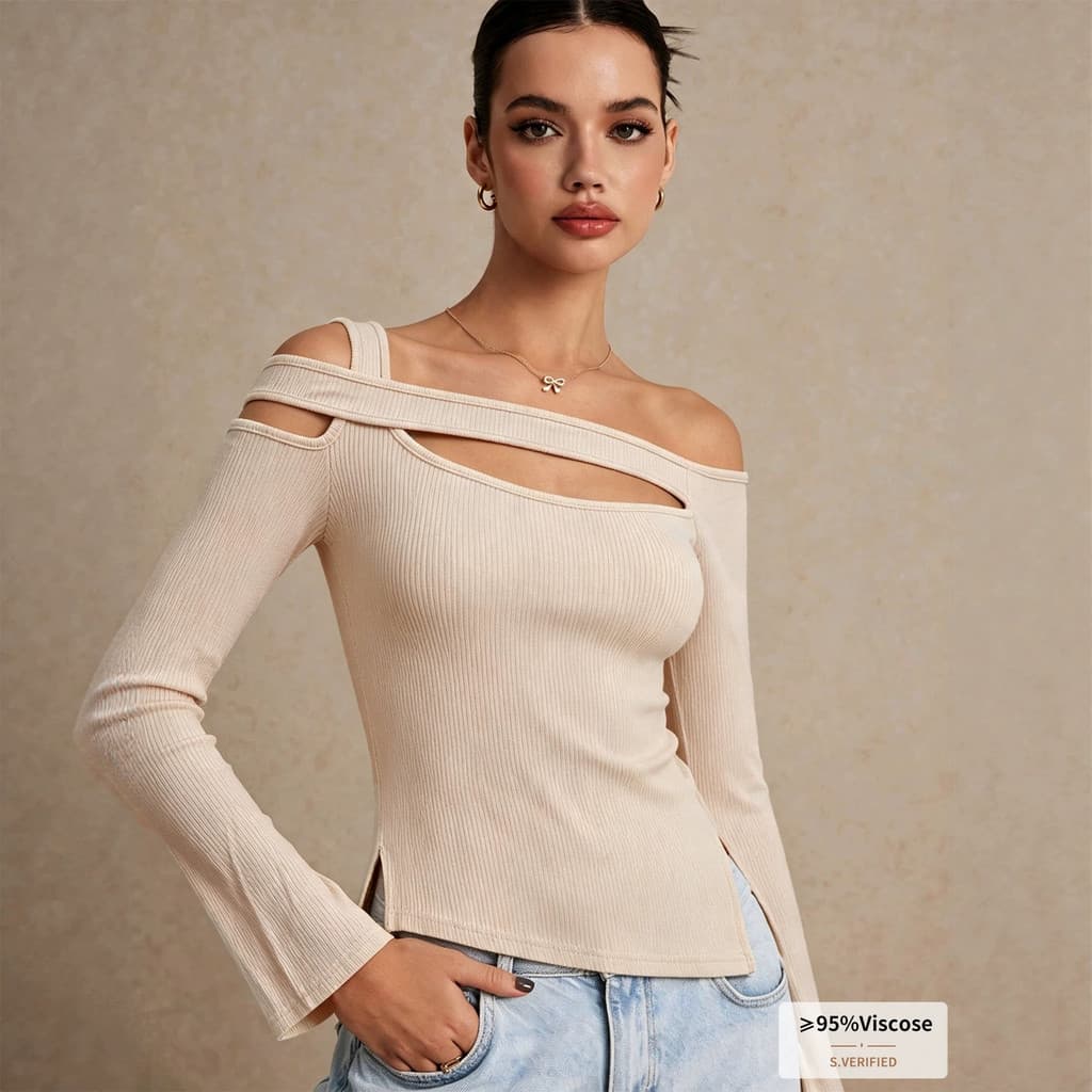 Novo top feminino de um ombro só com recortes, para outono e inverno, com mangas sino, fenda lateral, cintura marcada e