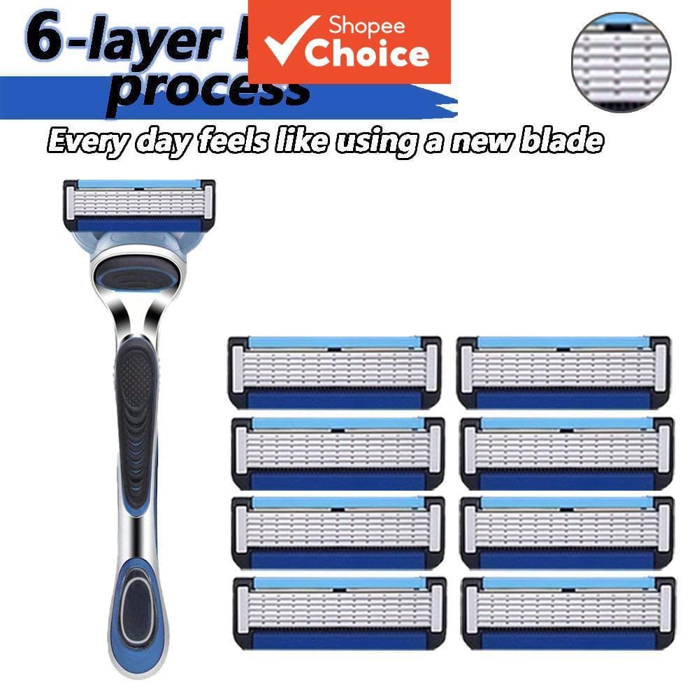 Conjunto de barbeador masculino, 1 cabo + 8 lâminas, recargas de lâminas de barbear de 6 camadas, barbear suave sem