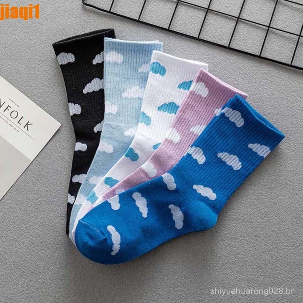 JIAQI1 Meias Femininas Esportivas Doces Vintage Estilo Universitário Nuvens Céu Azul Padrão Algodão Coreano