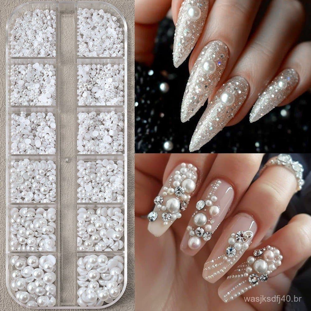 12 Grades 3D Pérolas Brancas para Unhas 1.5-5mm Meio-Redondas para Decoração de Unhas Acessórios para Manicure