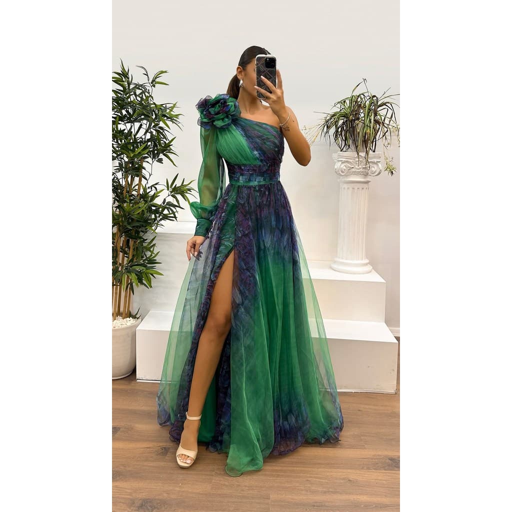 vestido de festa Feminino Com Estampa de Malha de Ombro diagonal INS casual Solto Longo