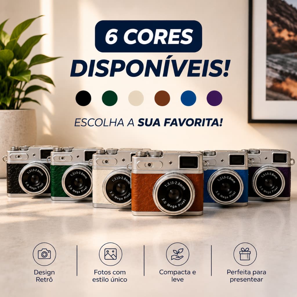 Mini Câmera Digital Retrô Vintage 1080P HD Tela IPS LED Tira Foto Grava Vídeo Chaveiro USB-C