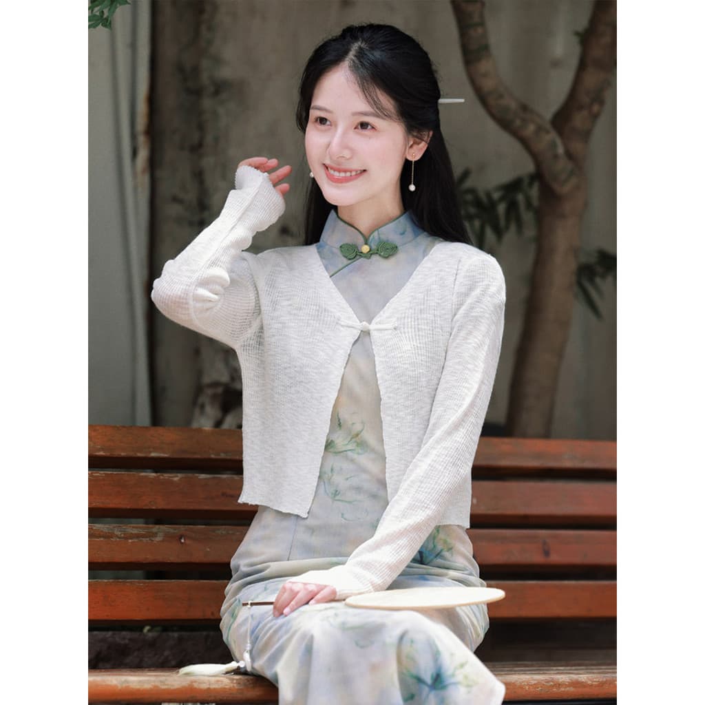 Arte fresca < Lírica > Cardigan retrô estilo chinês com botão plano de manga comprida estilo fino cardigã de verão capa