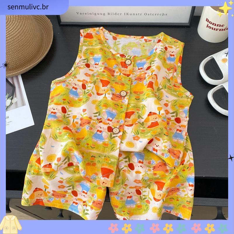 Meninos meninas algodão seda colete conjunto verão fino sem mangas Shorts de duas peças Loungewear algodão seda ar condi