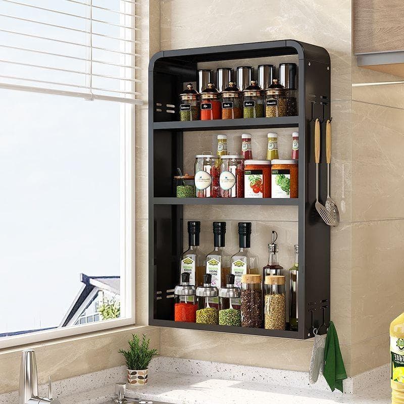 Prateleira de cozinha sem perfuração, Rack de temperos montado na parede, jarra de condimentos, armário de armazenamento