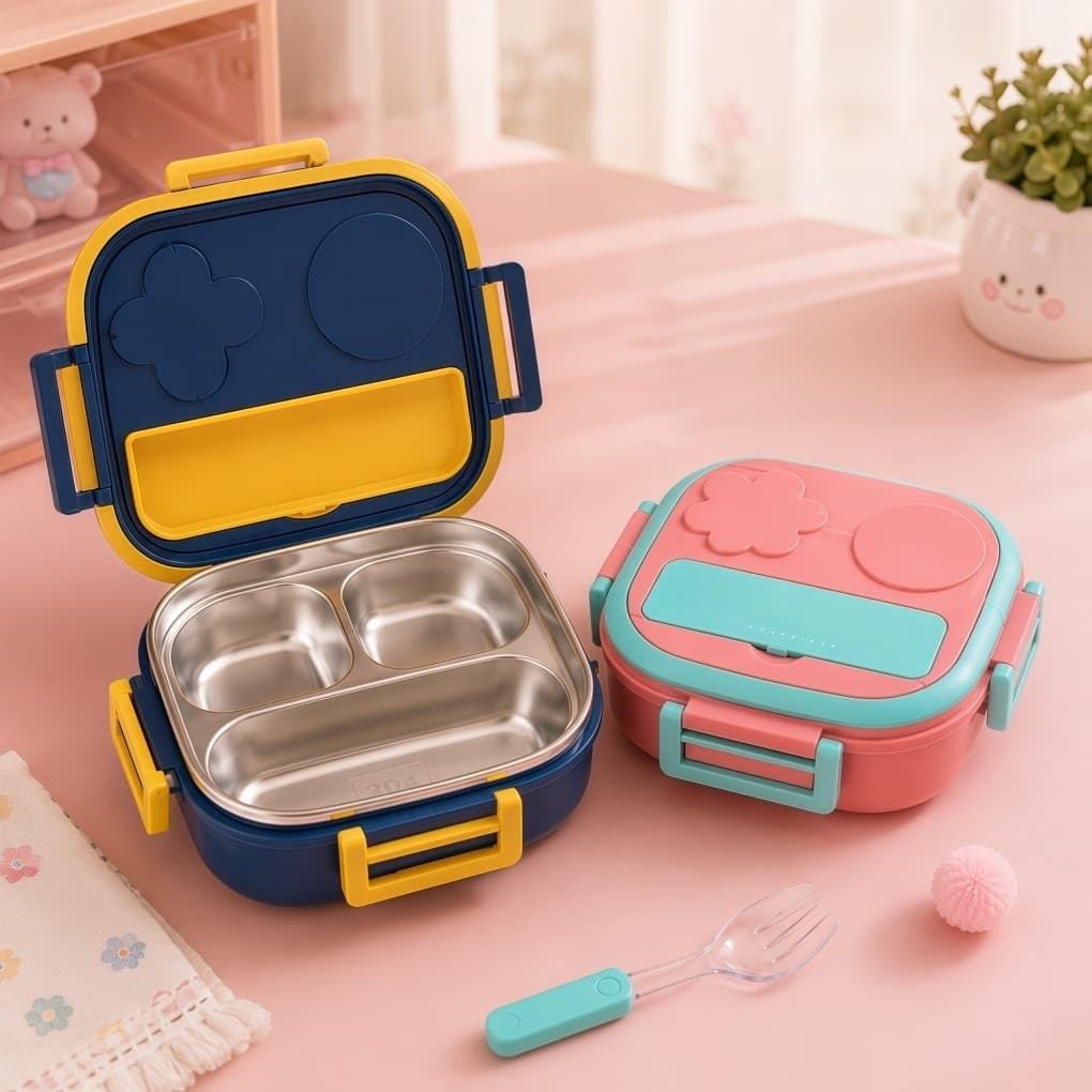 Marmita Infantil Inox 304 550ml | Lancheira Escolar com 3 Compartimentos | Talher e Alça para Transporte Para Rotína