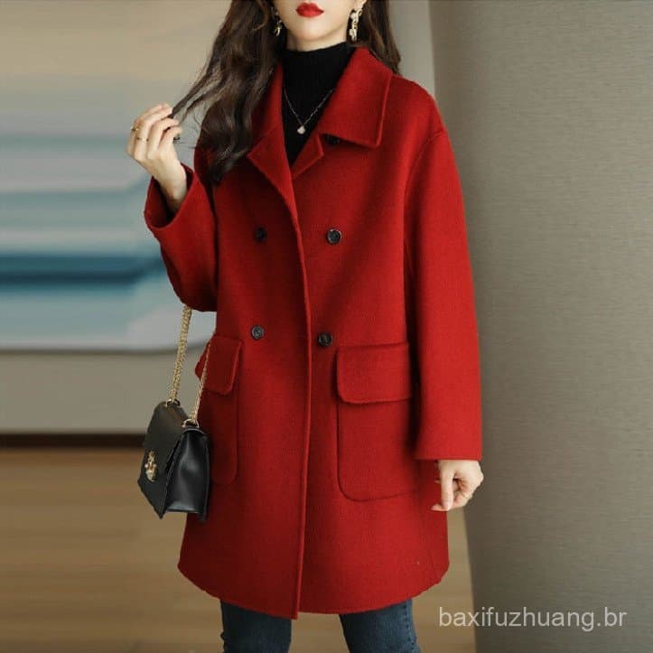 Casaco Longo De Lã De Inverno Feminino Casual Sólido Fino Quente .