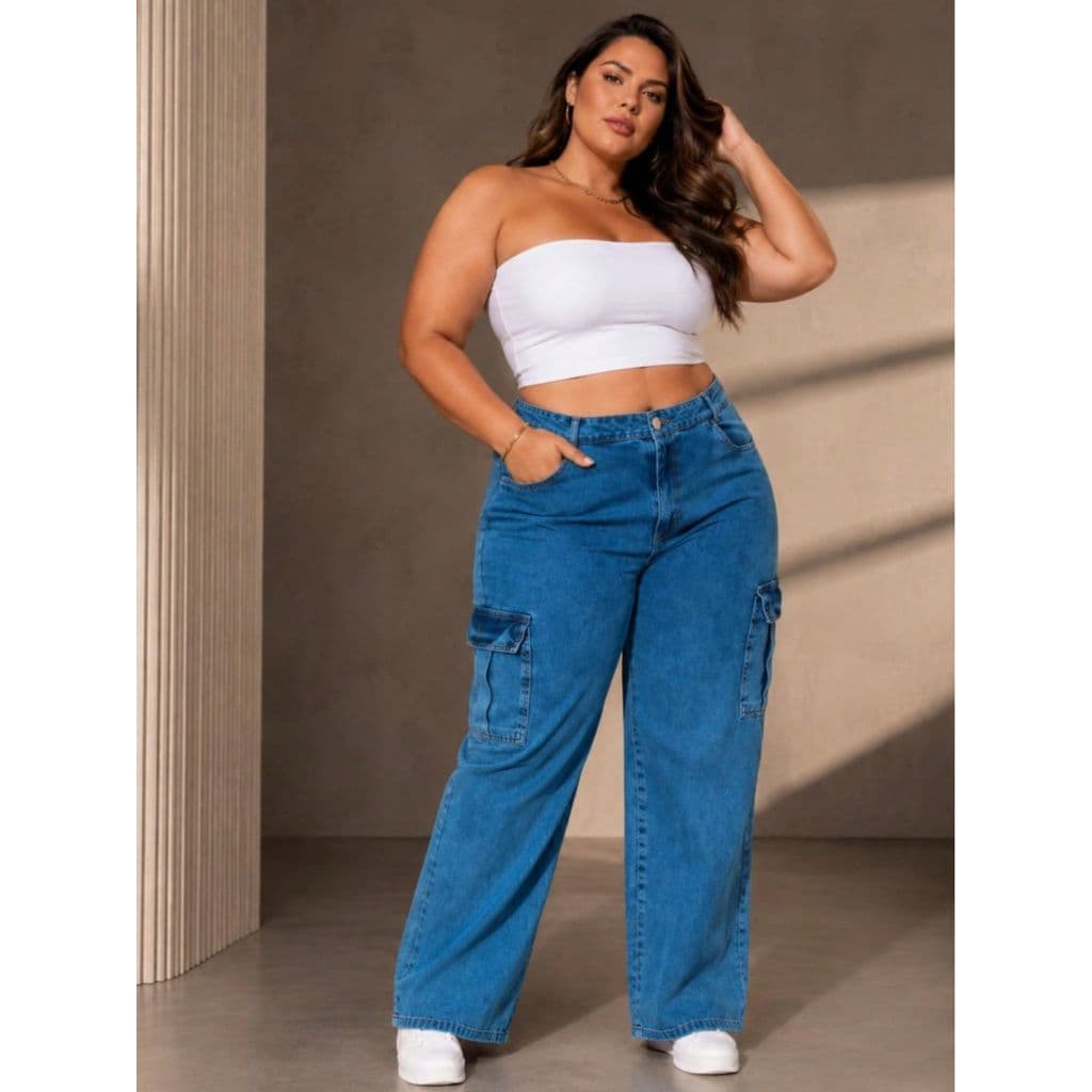 Calça Jeans Cargo Plus Size Wide Leg Cintura Alta Lavagem Azul Clara